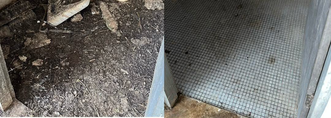 A vacant outbuilding floor, cleared on one side of the line