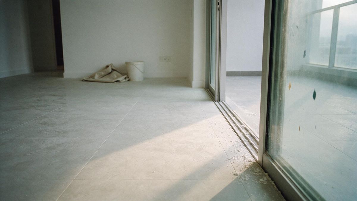 An empty, newly renovated room with fine white dust along a sliding glass door track and small paint spots on the glass